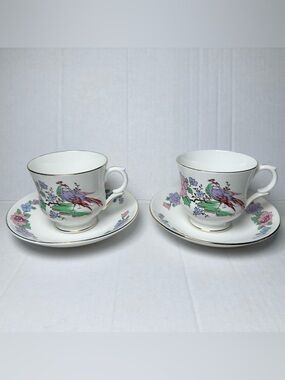 Vtg Set Of 2-Staffordshire Fine Bone China Cup & Saucer-Peacock-Cathay-England